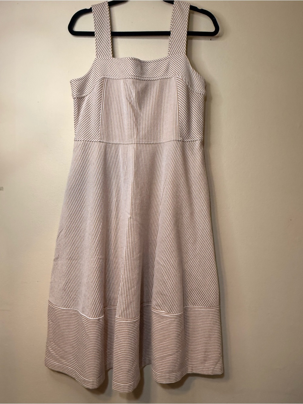 Yacht Club Striped Square-Neck Midi Dress in Light Taupe